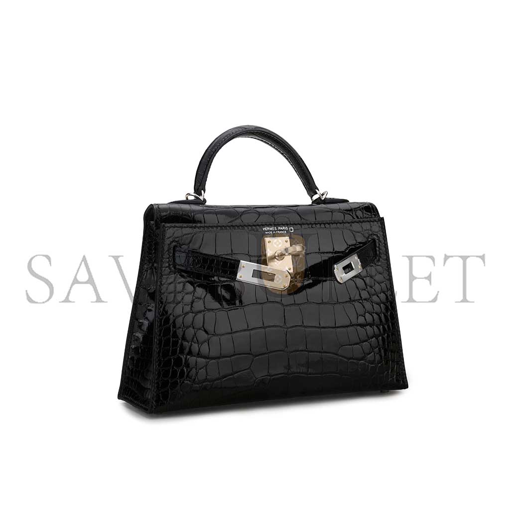 HERMÈS MASTER A SHINY BLACK ALLIGATOR  MINI KELLY II WITH PALLADIUM HARDWARE (19*12*5.5cm) 